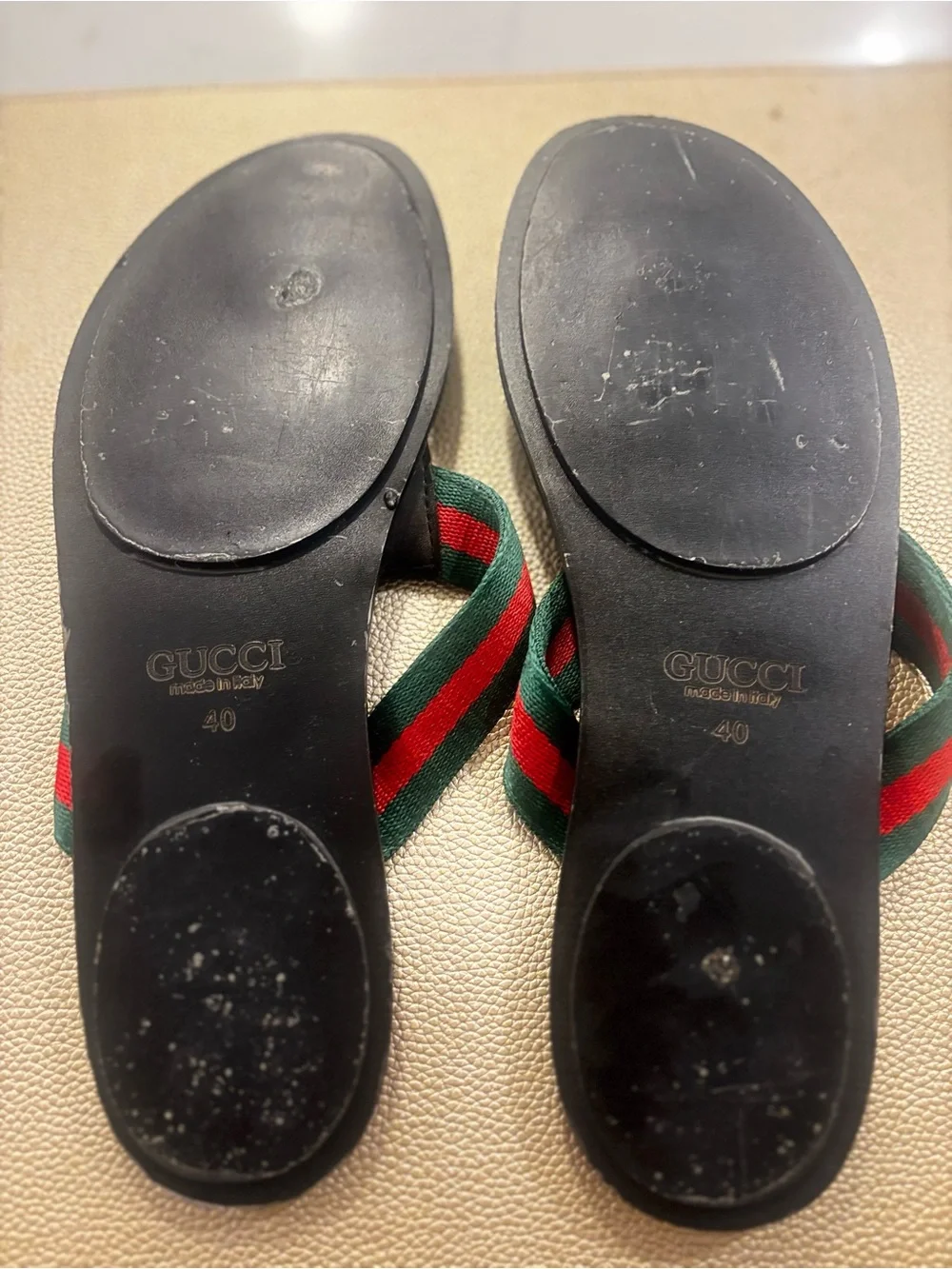 Double GG Women’s Black Thong Sandals with Green-Red Stripe and Gold Accent
